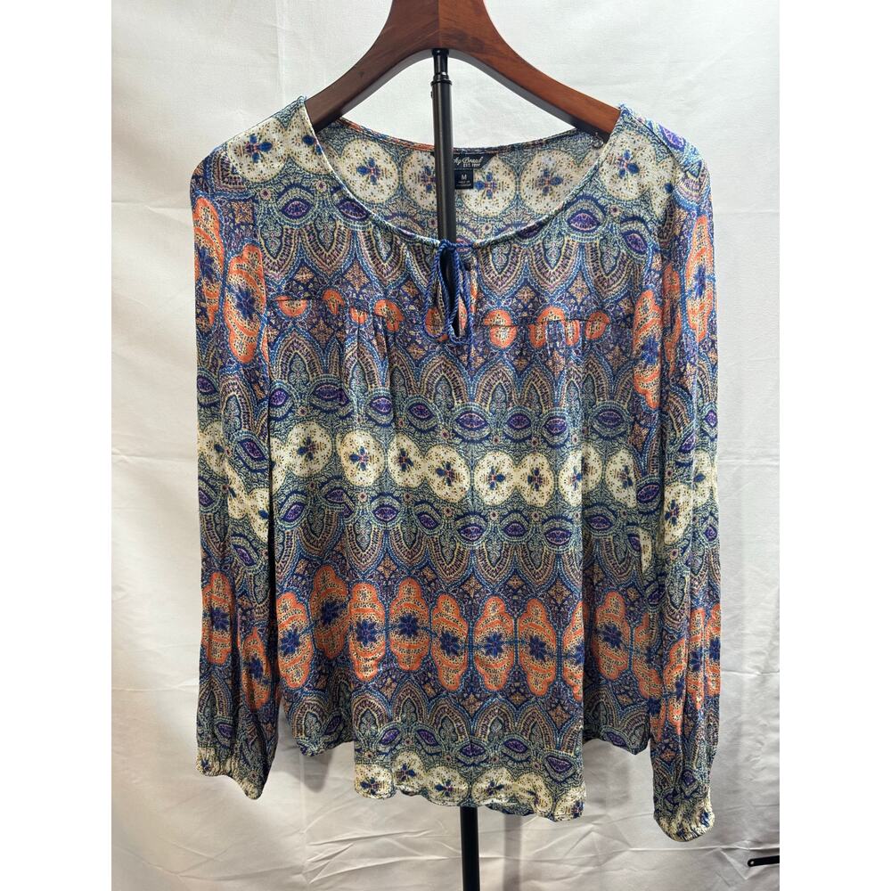Lucky Brand Women’s Medium Tunic Top Peasant Boho Tie Neck Rayon Blue Orange - Picture 8 of 9